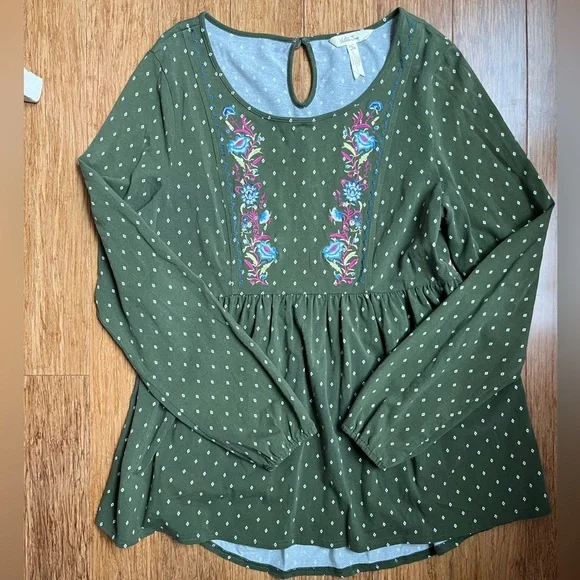 Matilda Jane Green Pin Dot Through Generations Bubble Sleeve Blouse Jersey Knit - Picture 5 of 5